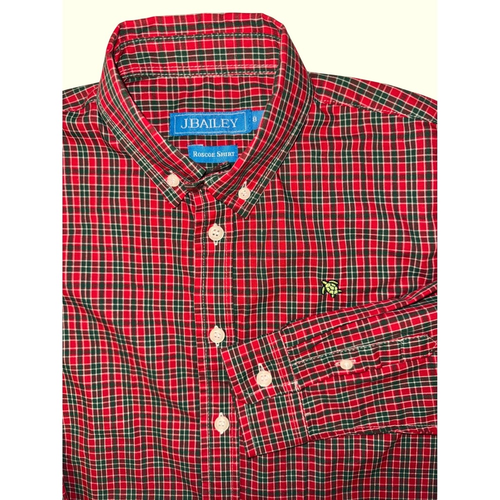 J.Bailey Roscoe Shirt Boys Size 8 Red Green Plaid Button Down Turtle‎ Logo